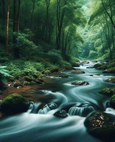 Wasser, das durch Holz (den Wald) fließt - Symbol für das Element Wasser im QiGong.